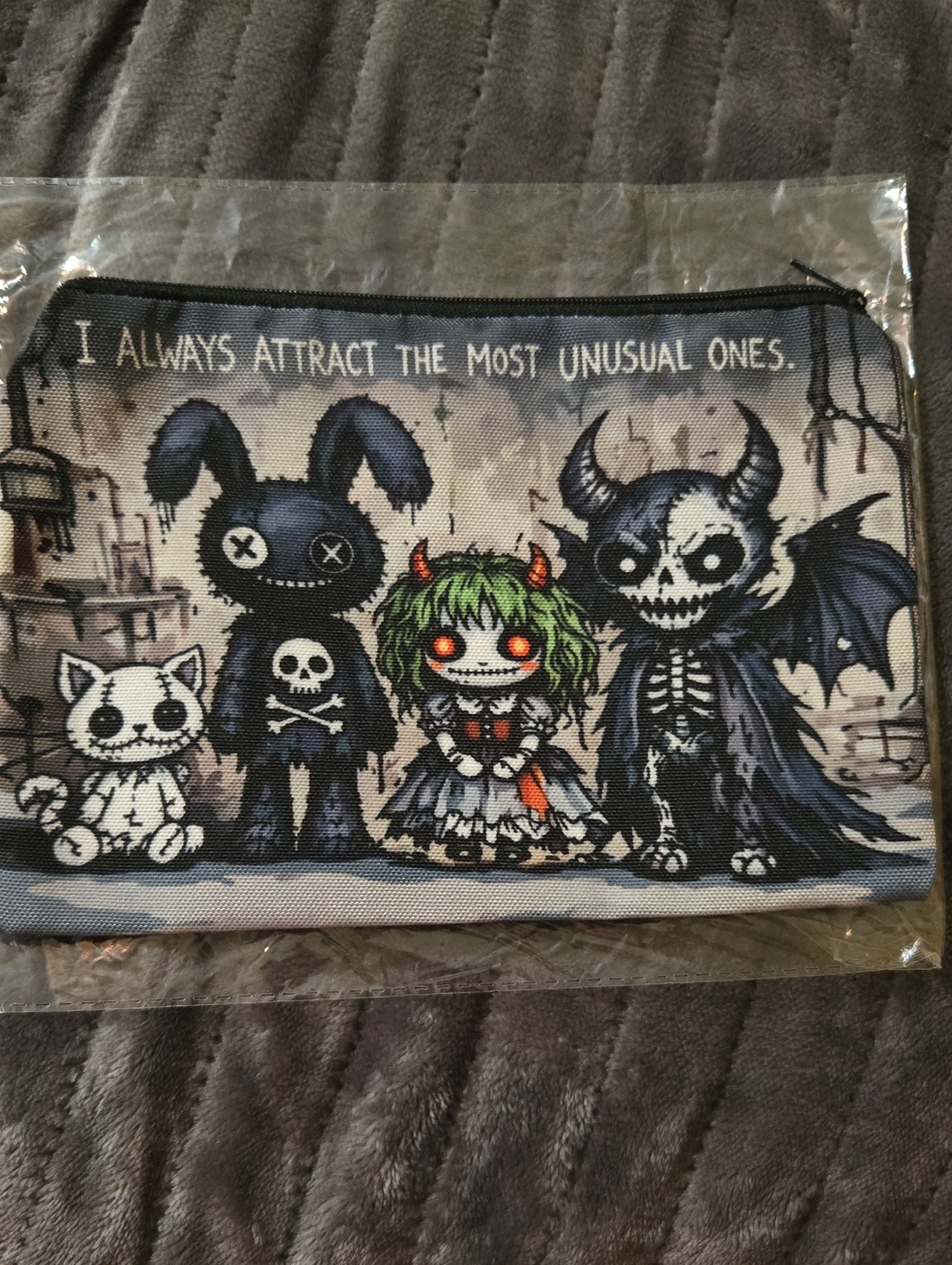 Canvas Unisex Zipper Pouch Featuring Unusual Characters On A Gray Background